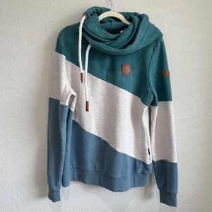 Wanakome Artemis Cowl Neck Hoodie XL Teal Blue Colorblock Rope Drawstring Pocket